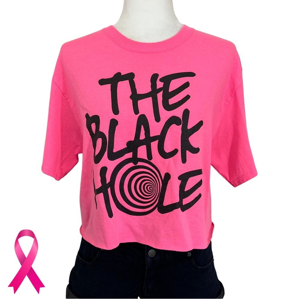 Graphic Tee THE BLACK HOLE Raw Hem Fluorescent Pink Black Medium M